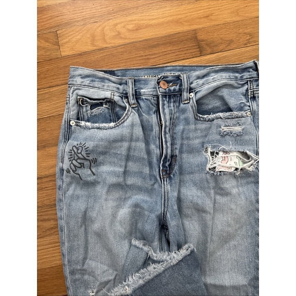American Eagle Keith Haring Distressed Mom Denim Jeans Women 's Size 6 - Picture 4 of 9